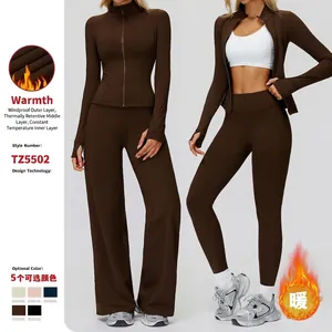 Ensemble de Sport Doublé en Polaire pour Femmes Veste à Fermeture Éclair à Col Montant et Pantalon Survêtement Chaud