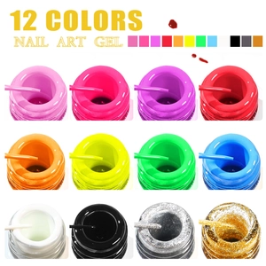 Close-up of 12 colors nail art gel set with thick texture and high saturation