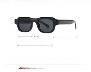 Detailed measurement chart of rectangle sunglasses showing frame dimensions and PC material
