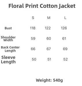 Detailed size chart for floral print cotton jacket including bust and sleeve measurements