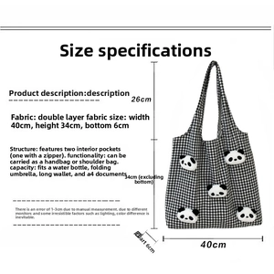 Detailed size chart for the black and white checkered panda tote bag with measurements