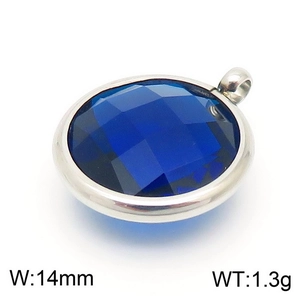 Detail view of 14mm blue birthstone pendant with silver plating and dimensions