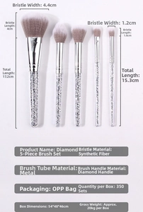 Close-up of 5-piece diamond handle makeup brushes with soft synthetic bristles and shiny crystals