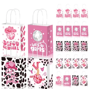 Disco cowgirl party gift bags with western hats and mirror ball prints on kraft paper