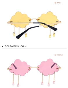 Front and back detail of cloud-shaped rimless sunglasses with dangling water drop charms