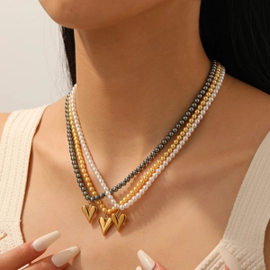 Heart Pendant Necklace Stainless Steel Shell Artificial Pearl Bead Chain Elegant Sweet Fashion Jewelry Accessory For Women