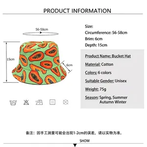 Cotton bucket hat with papaya print showing size guide for 56-58cm circumference