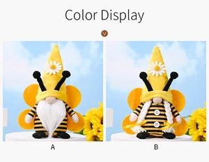 Detailed comparison of bee-themed gnome dolls with wings and daisy hats in two styles