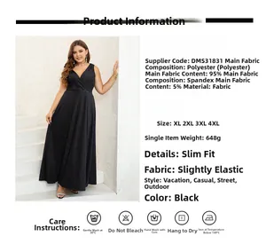 Size chart for black V-neck maxi dress with material details in 95% polyester and 5% spandex