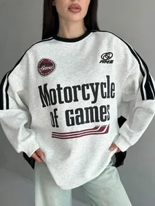 Grey oversized sweatshirt with contrast black collar and Motorcycle of Games lettering