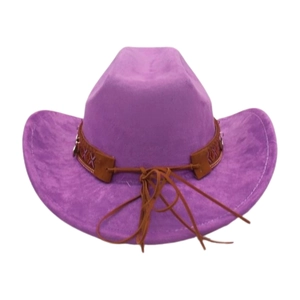 Detail of purple western cowboy hat with brown leather band and ethnic cross stitching