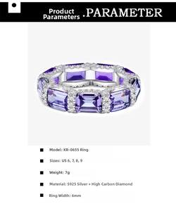 Detailed specs of S925 sterling silver ring with emerald-cut purple stones and micro pavé