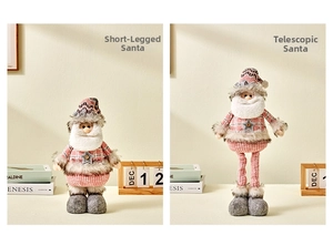 Detail of dusty pink Santa plush with adjustable telescopic legs and soft fabric texture