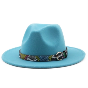 Wide Brim Fedora Hat Wool Felt Jazz Cap With Snakeskin Print Band And Gold Buckle Vintage Style For Men And Women