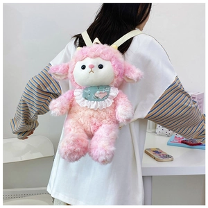 Rear view of a soft pink plush sheep backpack with lace collar on a female model