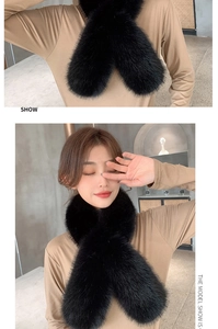 Detail of black faux fox fur scarf showing thick texture and cross-over design