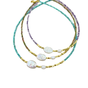 Handmade freshwater pearl necklace with colorful tourmaline beads and golden metal spacers