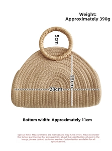 Detail view of semi-circular woven tote bag showing precise dimensions and 22cm height