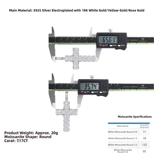 Macro view showing large S925 silver cross pendant dimensions 65.61mm by 35.74mm