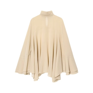 Blouse Femme Mousseline Künstliche Perle Col Haut Style Cape Manches Volantées Superposées Haut Plissé Élégant Bureau Beige