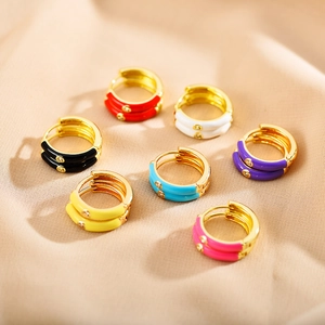 Fashion Colorful Enamel Oil Drip Rhinestone Inlaid Hoop Earrings Stainless Steel Gold Plated Geometric Round Stud Earrings Korean Style Jewelry Women Accessories