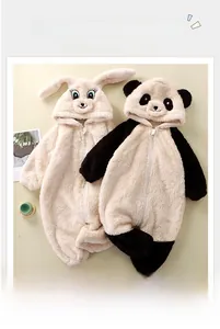 Detail of plush baby rompers with cute rabbit and panda hood embroidery and 3D ears