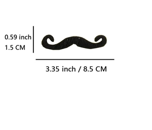 Detailed size measurement showing black fake mustache props at 8.5 cm width and 1.5 cm height