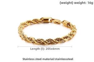 Detailed view of 6mm gold rope chain bracelet with 205mm length and lobster clasp