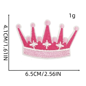 Macro detail of crown embroidery patch in pink and white with size dimensions in cm