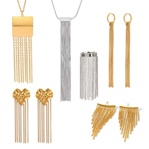 Golden and silver stainless steel tassel earrings and heart pendant necklaces set