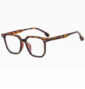 Detailed view of square tortoise shell glasses frame with retro leopard print design