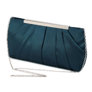 Detail of peacock green pleated satin evening clutch with silver metal frame and chain