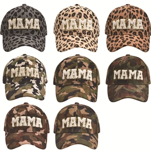 Camouflage and leopard print baseball hats with MAMA patch embroidery and gold trim