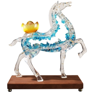 Nordic crystal glass horse statue with gold ingot on wood base for office and home decor