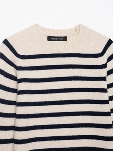 Close-up of crewneck striped knit sweater showing fine texture and raglan sleeve detail