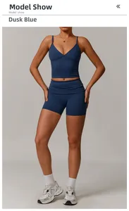 Detail view of twilight blue athletic sports set with V-neck camisole and high waist shorts