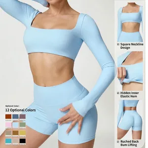 Μπλε σετ γιόγκα με μακρυμάνικο crop top και ψηλόμεσο σορτς με εφέ ανύψωσης γλουτών