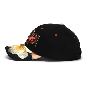 Black baseball cap with ALOHA Hawaii embroidery and floral print on the brim in 45-degree view