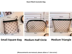 Size chart for black heart mesh cosmetic bags in small square, semicircle and triangle shapes