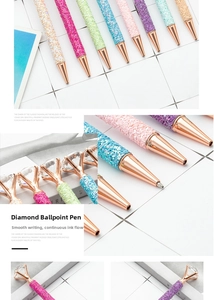 Detailed view of colorful glitter ballpoint pens with rose gold trim and large diamond top