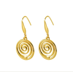 Detailed close-up of gold-plated stainless steel spiral earrings with polished finish