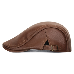 Béret vintage marron en cuir PU avec texture litchi et boucle latérale réglable en métal