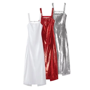 Elegant sleeveless sequin evening dresses in white, red, and silver with backless design