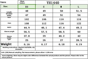 Size chart for long sleeve blue poplin shirt showing XS-L measurements in centimeters