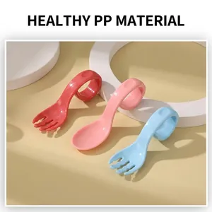 Ergonomic infant self-feeding set with curved spoon, fork and portable storage case