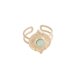 Retro golden stainless steel ring with mint green zircon and sunburst design