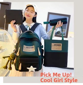 Fashion four-piece school backpack set featuring a dark green and black colorblock design