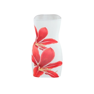 Detailed view of white bodycon tube dress featuring large vibrant red floral print