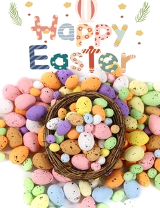 Colorful spotted Easter foam eggs in a woven rattan bird nest on a white background