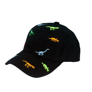 Kids black baseball cap with colorful dinosaur embroidery in a 45-degree side view